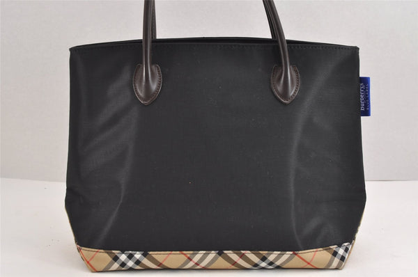 Authentic BURBERRY BLUE LABEL Check Hand Tote Bag Nylon Leather Black 1839J
