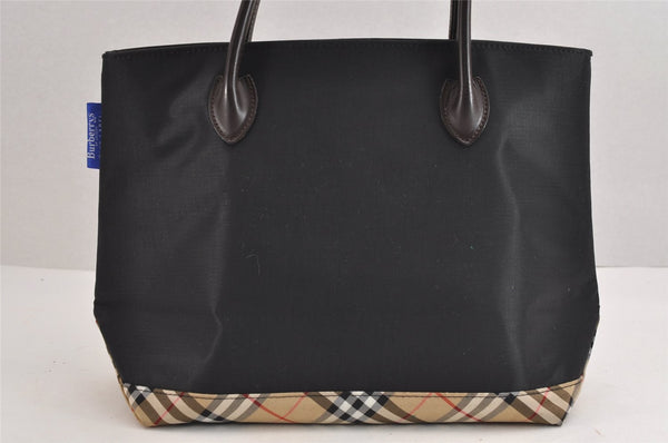 Authentic BURBERRY BLUE LABEL Check Hand Tote Bag Nylon Leather Black 1839J