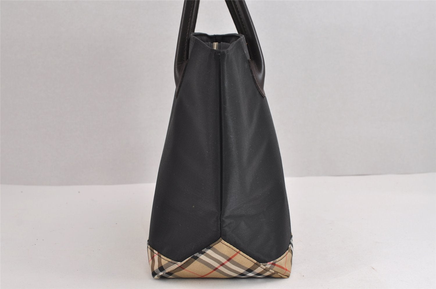 Authentic BURBERRY BLUE LABEL Check Hand Tote Bag Nylon Leather Black 1839J