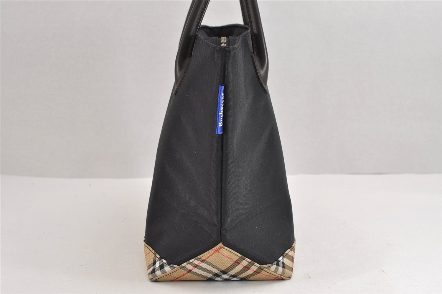 Authentic BURBERRY BLUE LABEL Check Hand Tote Bag Nylon Leather Black 1839J