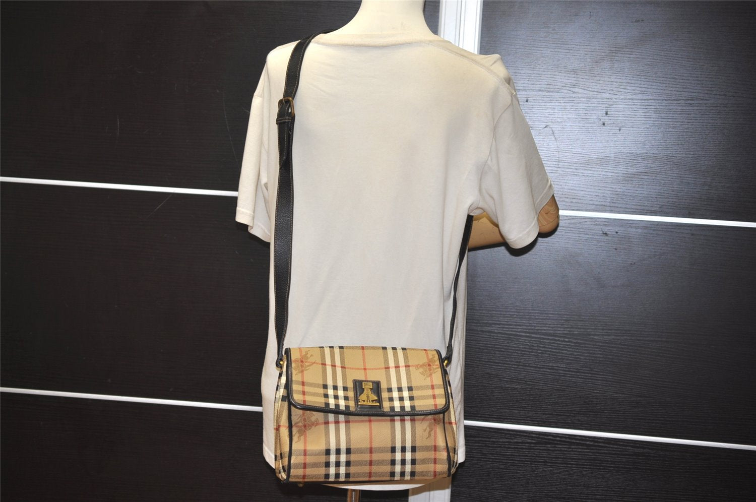 Authentic Burberrys Nova Check Shoulder Cross Body Bag PVC Leather Beige 1845K