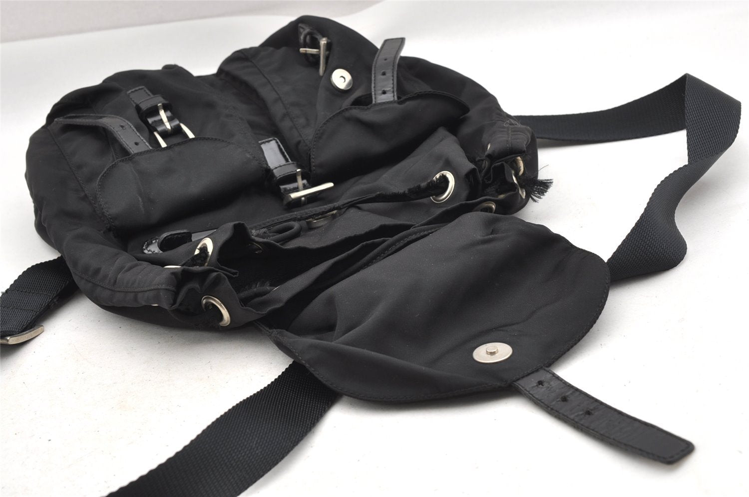 Authentic PRADA Vintage Nylon Tessuto Leather Drawstring Backpack Black 1846I