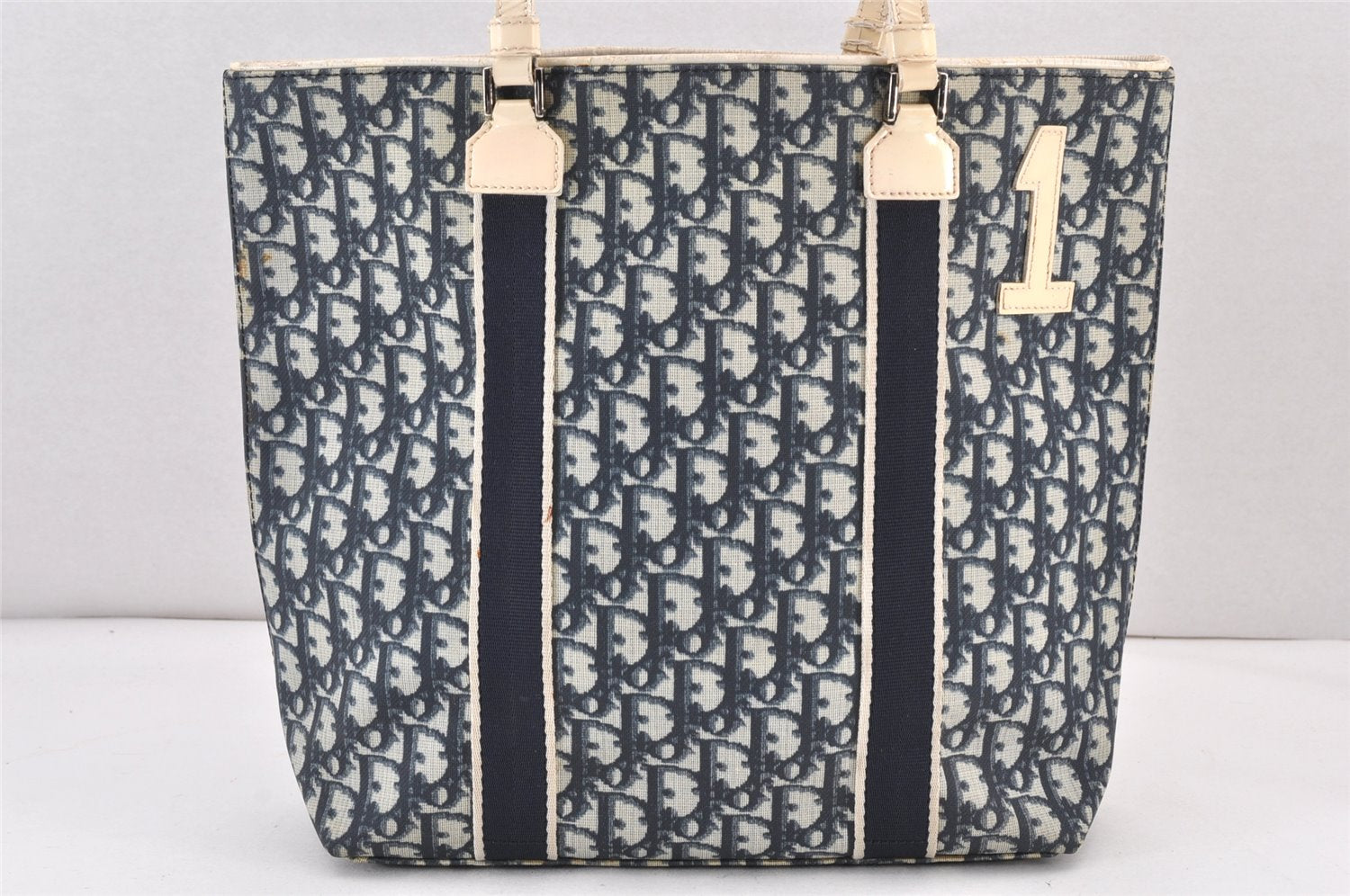 Authentic Christian Dior Trotter No.1 Shoulder Tote Bag PVC Enamel Navy 1846K