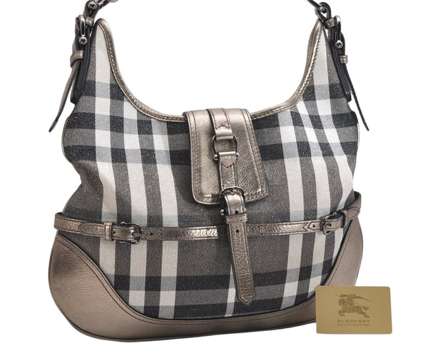 Authentic BURBERRY Check Shoulder Tote Bag Canvas Leather Gray 1847K