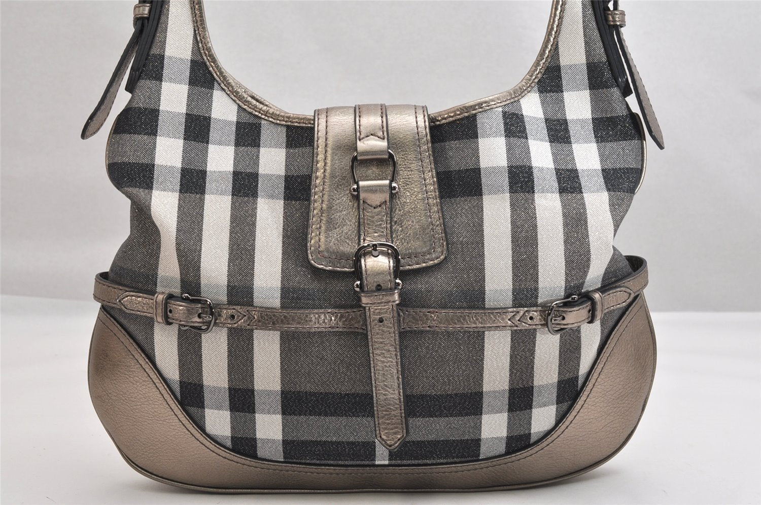 Authentic BURBERRY Check Shoulder Tote Bag Canvas Leather Gray 1847K
