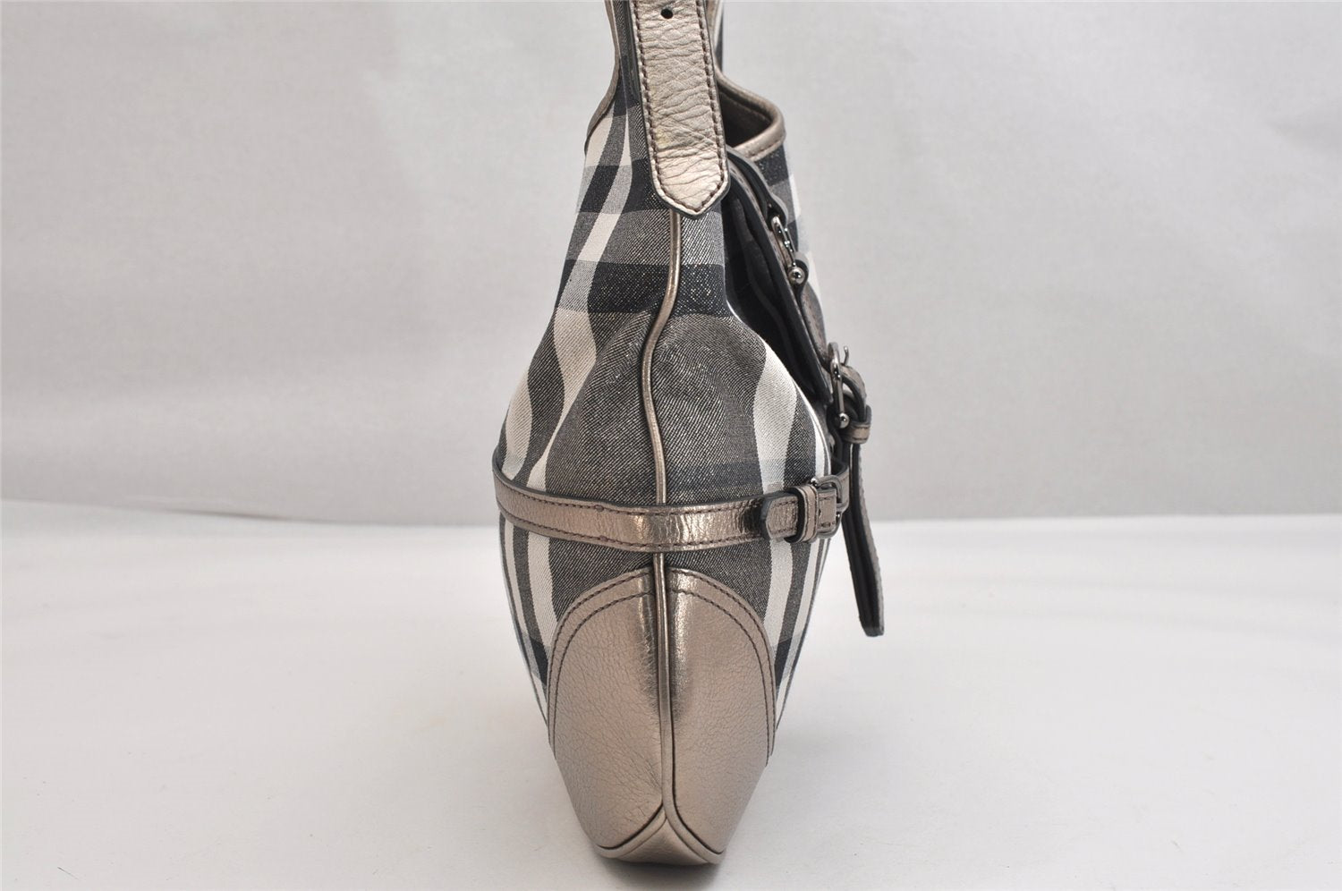 Authentic BURBERRY Check Shoulder Tote Bag Canvas Leather Gray 1847K