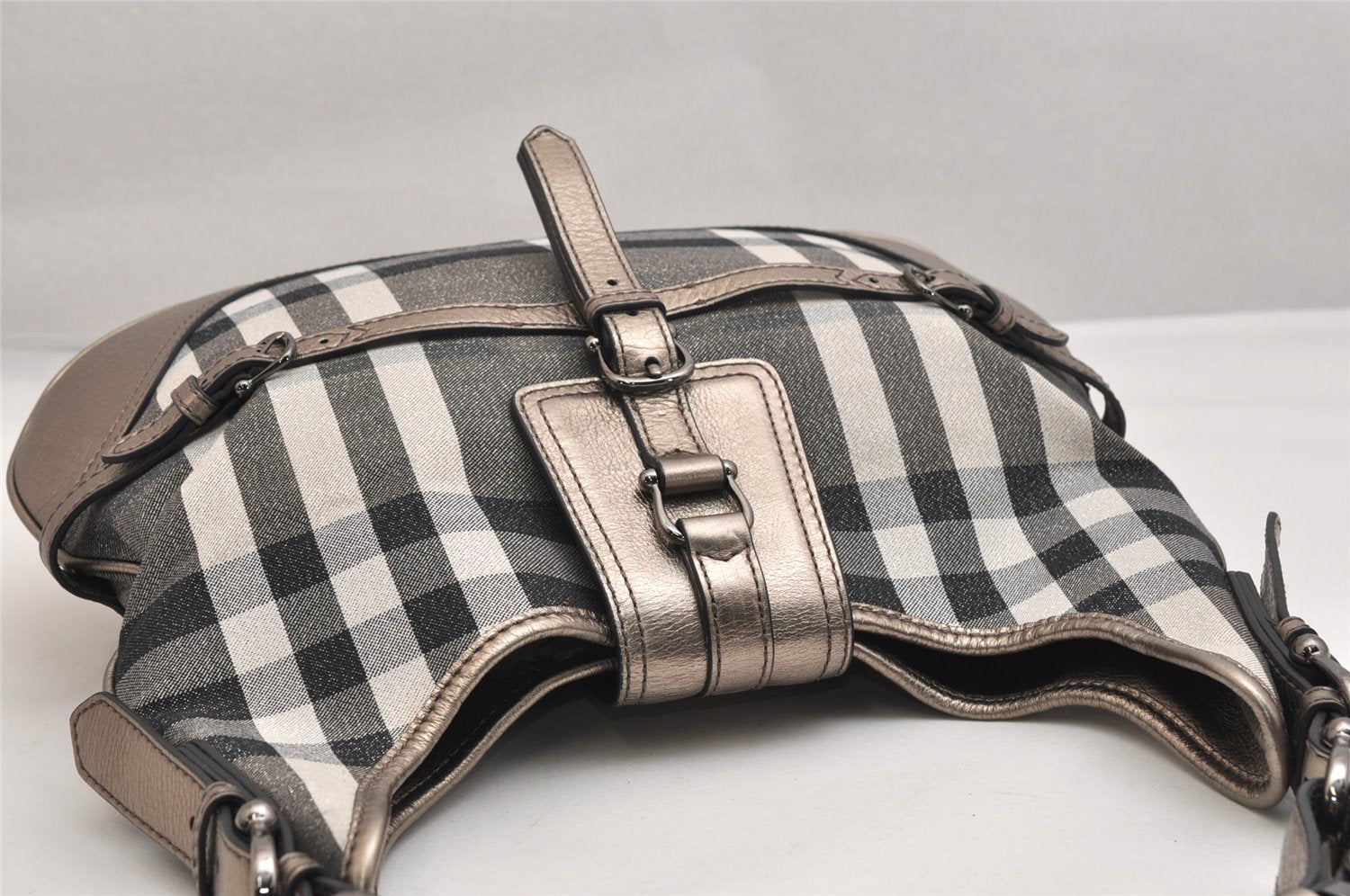 Authentic BURBERRY Check Shoulder Tote Bag Canvas Leather Gray 1847K