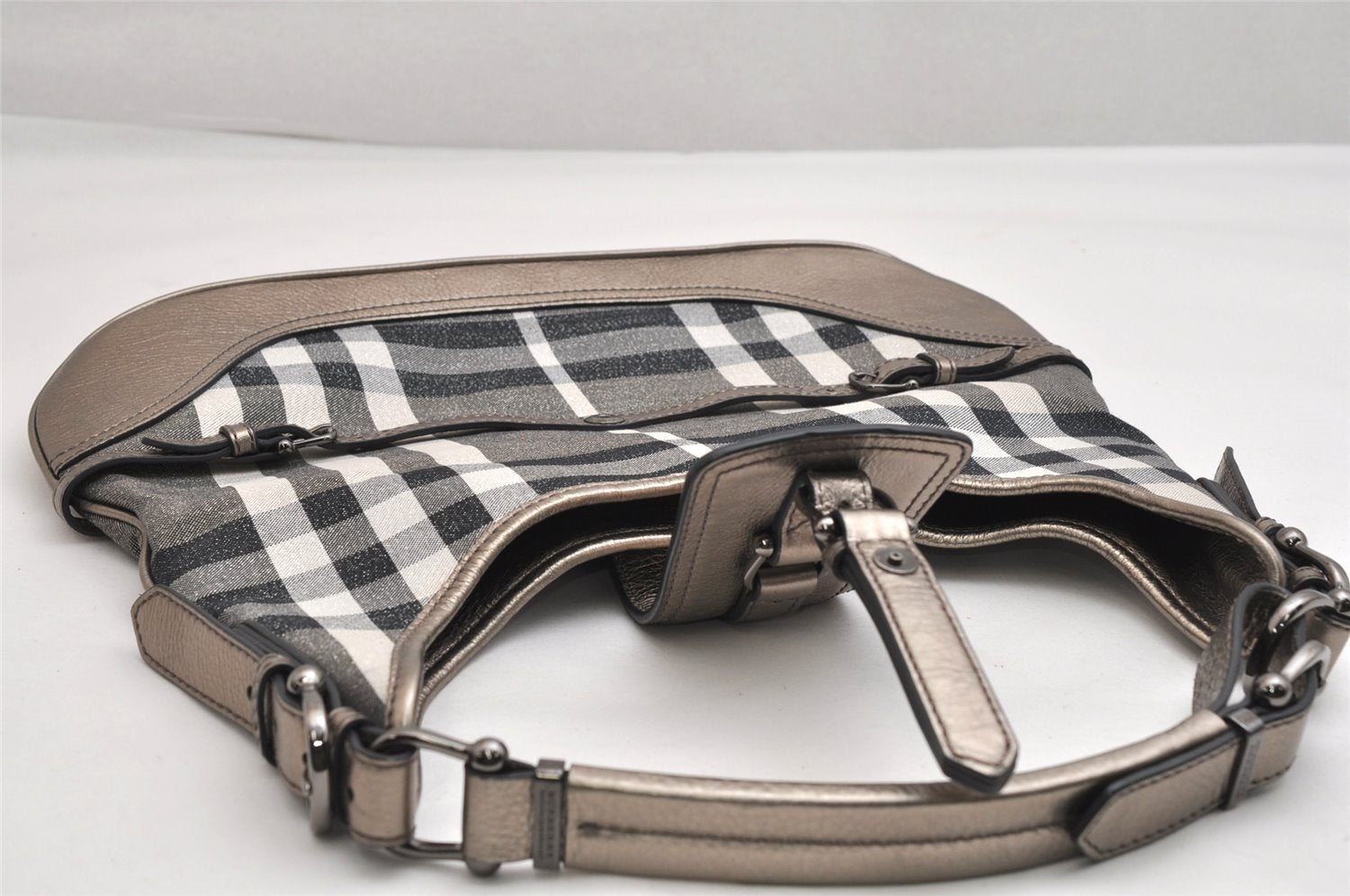 Authentic BURBERRY Check Shoulder Tote Bag Canvas Leather Gray 1847K