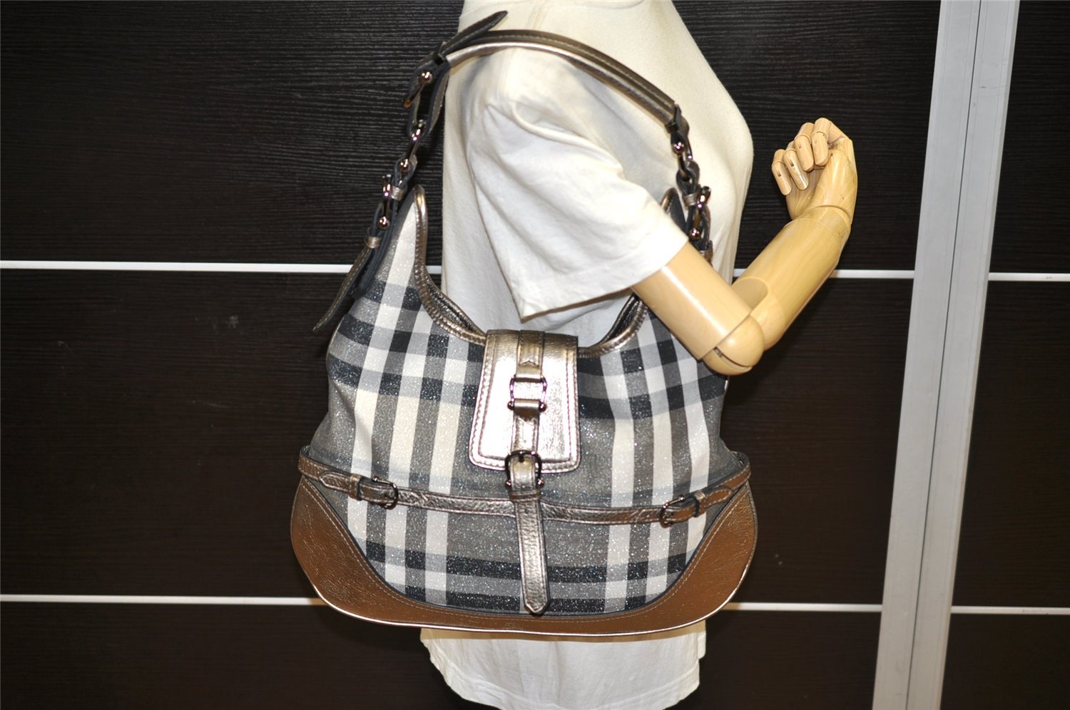 Authentic BURBERRY Check Shoulder Tote Bag Canvas Leather Gray 1847K