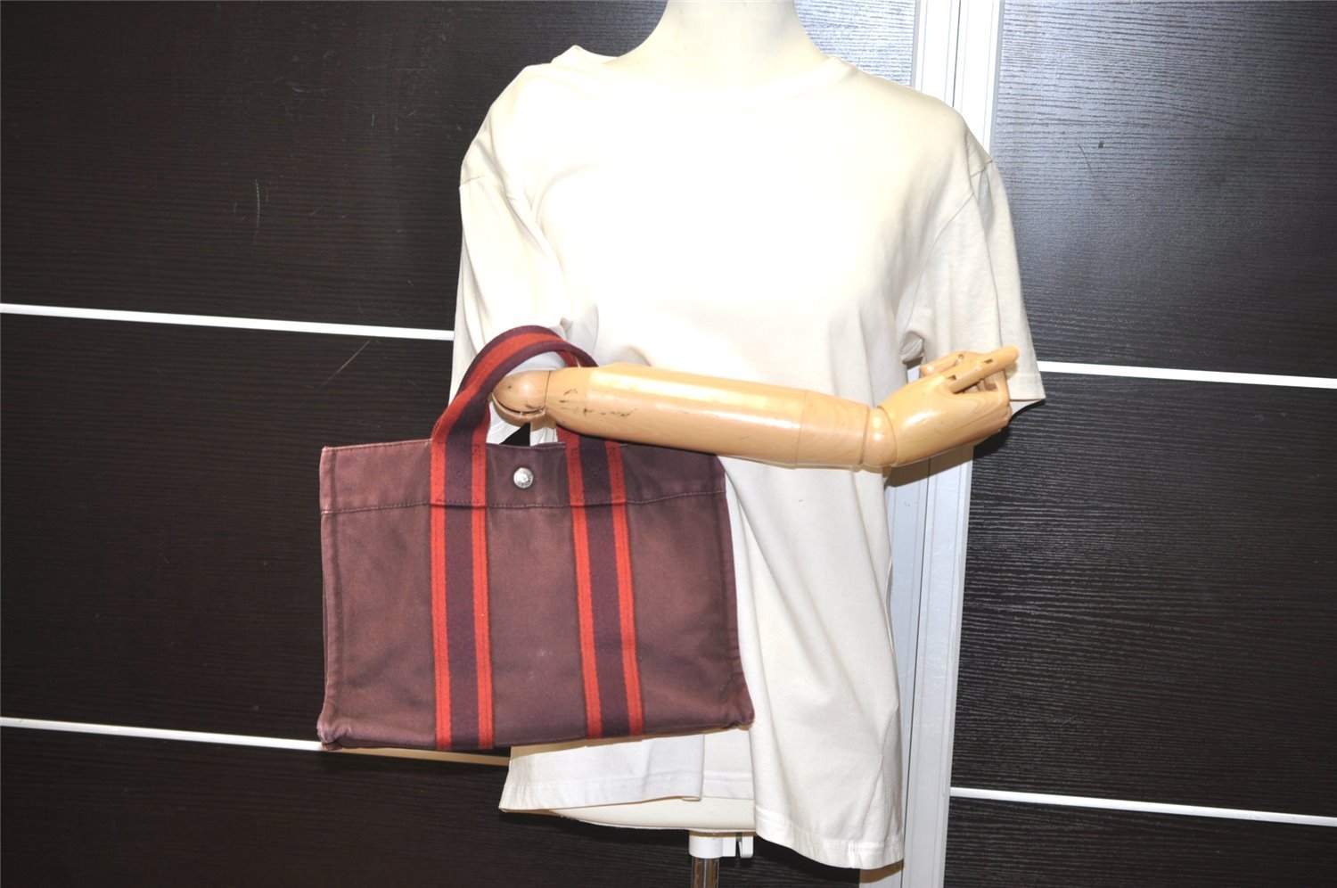 Authentic HERMES Fourre Tout PM Vintage Hand Tote Bag Canvas Wine Red 1849I