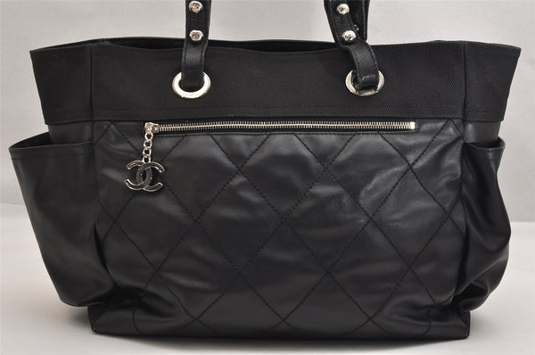 Authentic CHANEL Paris Biarritz MM Shoulder Tote Bag PVC Leather Black 1851K