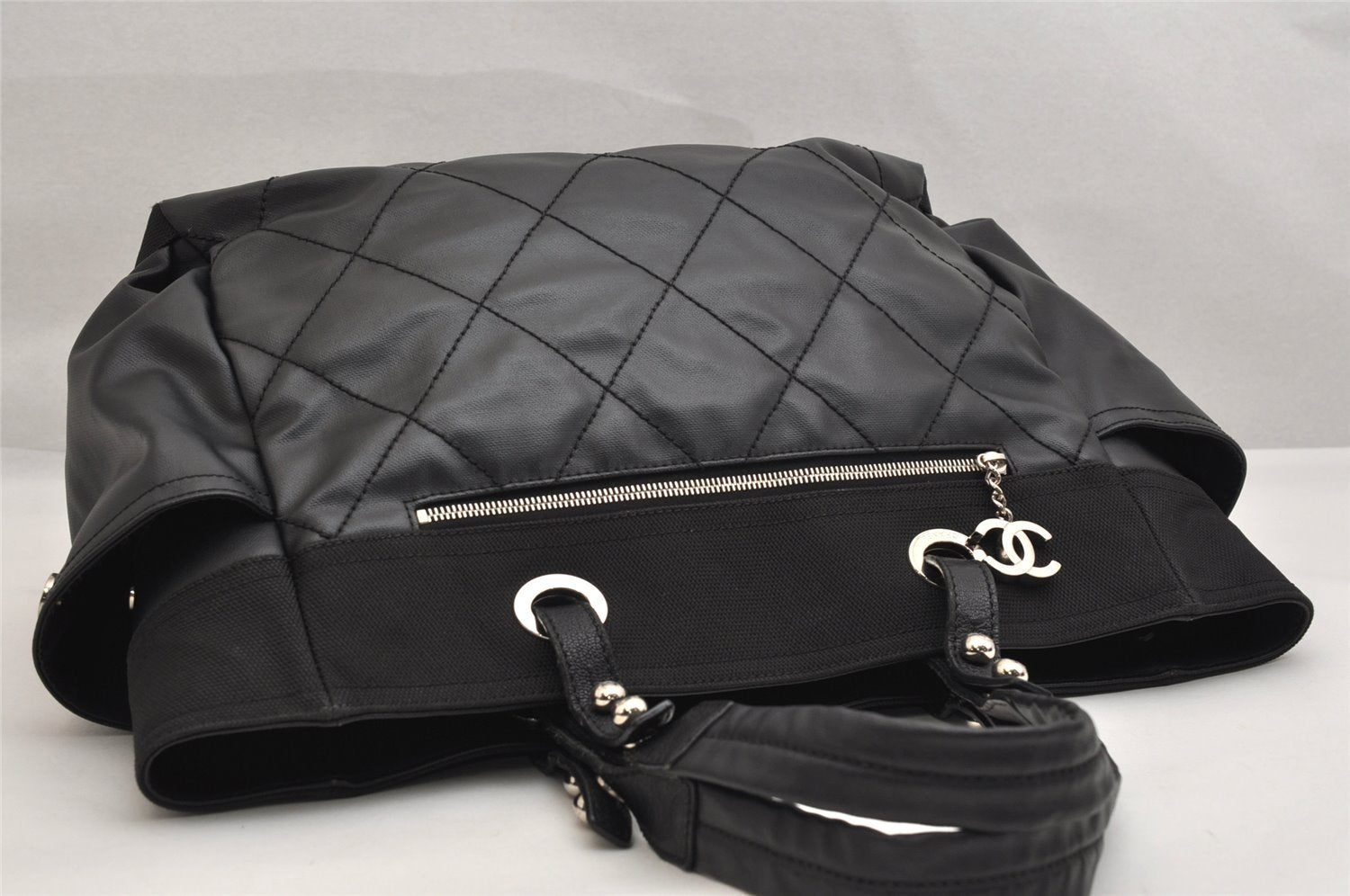 Authentic CHANEL Paris Biarritz MM Shoulder Tote Bag PVC Leather Black 1851K