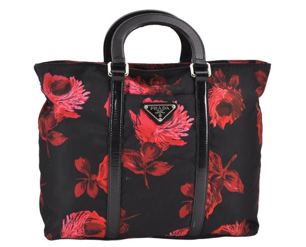 Authentic PRADA Flower Nylon Leather 2Way Hand Tote Bag Black 1853K