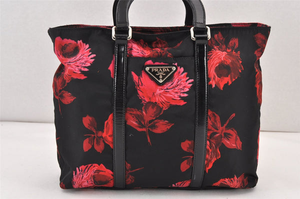 Authentic PRADA Flower Nylon Leather 2Way Hand Tote Bag Black 1853K