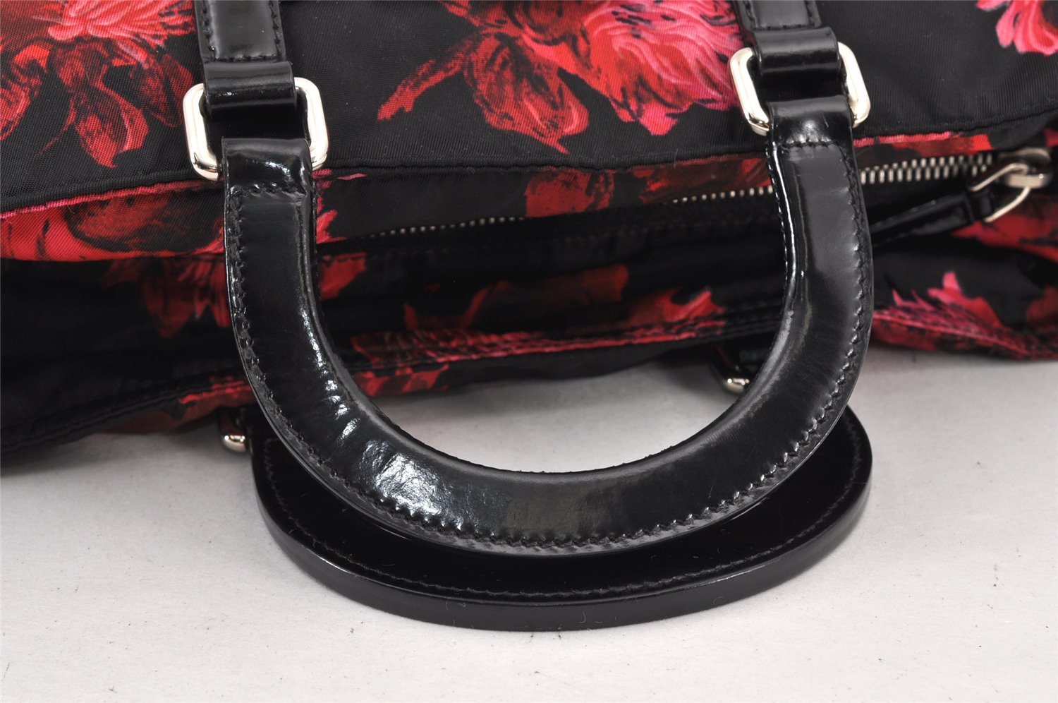 Authentic PRADA Flower Nylon Leather 2Way Hand Tote Bag Black 1853K