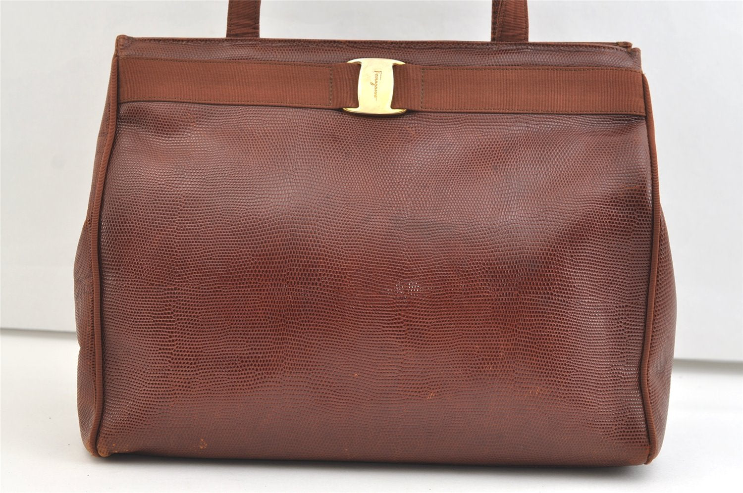 Authentic Salvatore Ferragamo Vara Shoulder Tote Bag Leather Brown SF 1855K