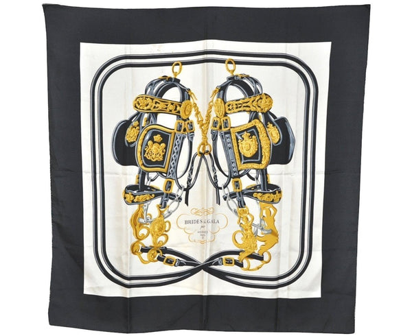 Authentic HERMES Carre 90 Scarf "BRIDES de GALA par" Silk Black 1858J