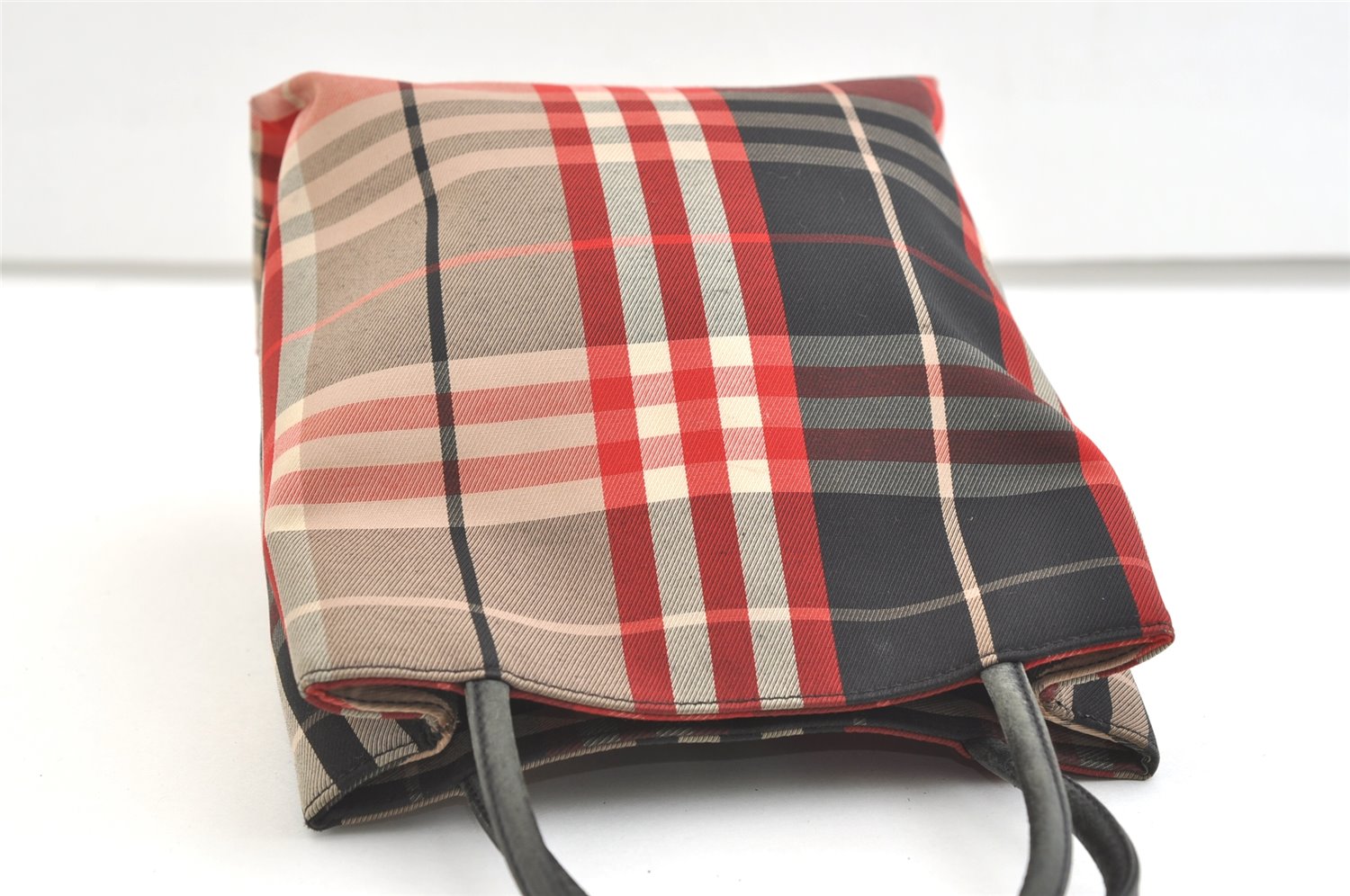 Authentic BURBERRY Vintage Check Tote Hand Bag Canvas Leather Red Beige 1860K