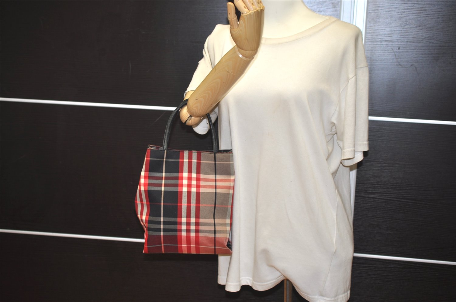 Authentic BURBERRY Vintage Check Tote Hand Bag Canvas Leather Red Beige 1860K