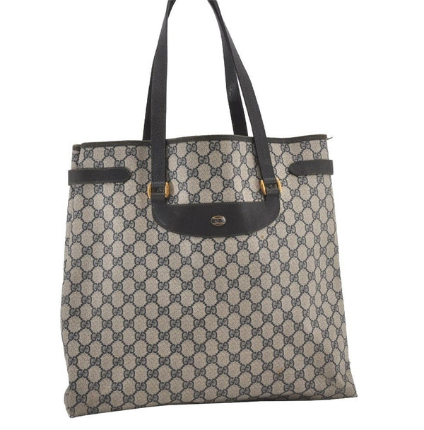 Authentic GUCCI Vintage Shoulder Tote Bag GG PVC Leather Navy Blue 1861J