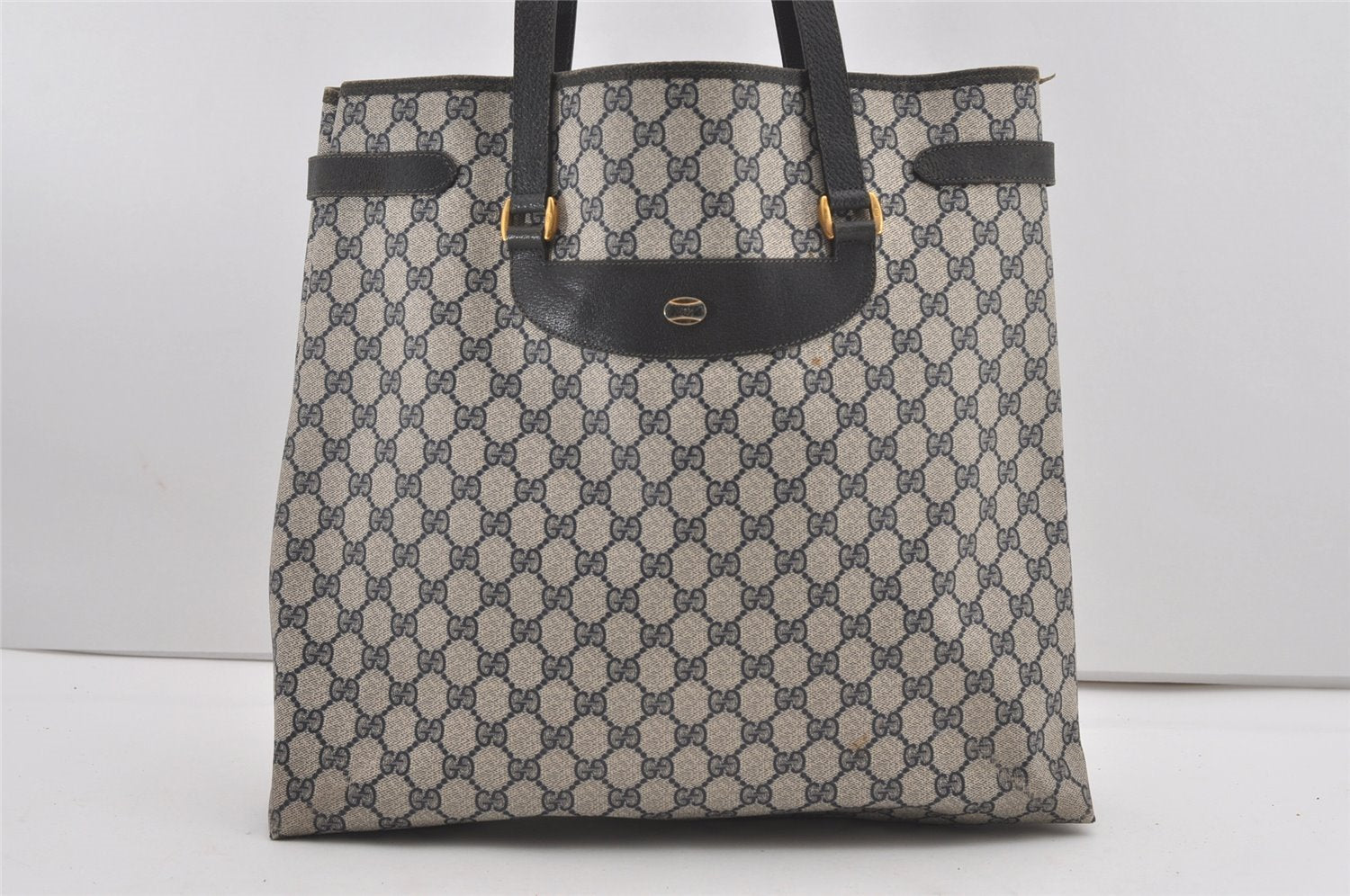 Authentic GUCCI Vintage Shoulder Tote Bag GG PVC Leather Navy Blue 1861J