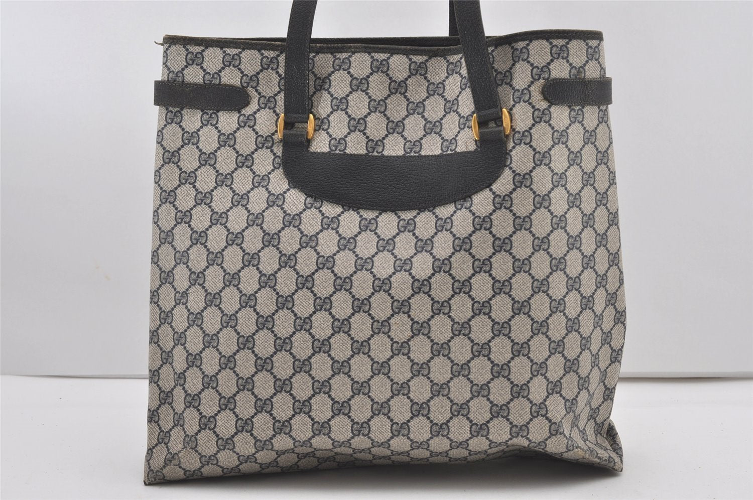 Authentic GUCCI Vintage Shoulder Tote Bag GG PVC Leather Navy Blue 1861J