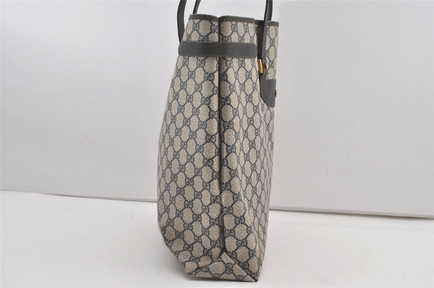 Authentic GUCCI Vintage Shoulder Tote Bag GG PVC Leather Navy Blue 1861J