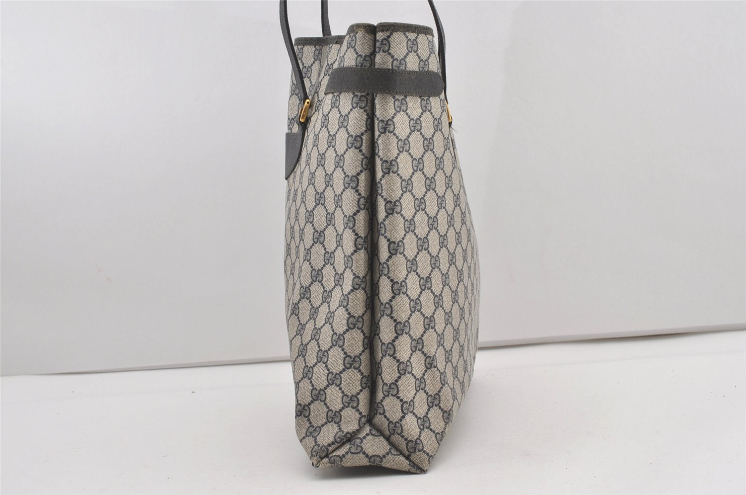 Authentic GUCCI Vintage Shoulder Tote Bag GG PVC Leather Navy Blue 1861J