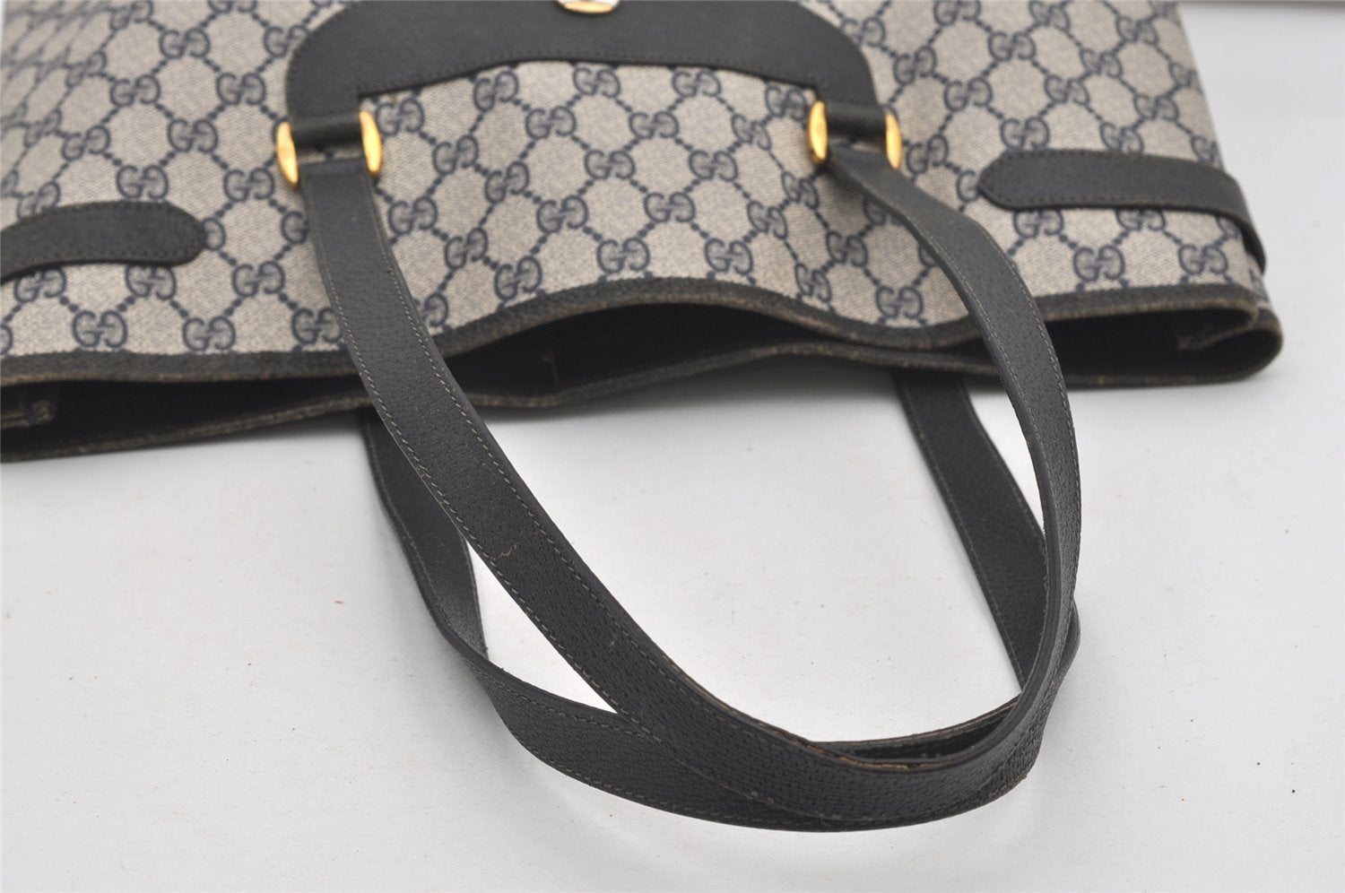 Authentic GUCCI Vintage Shoulder Tote Bag GG PVC Leather Navy Blue 1861J