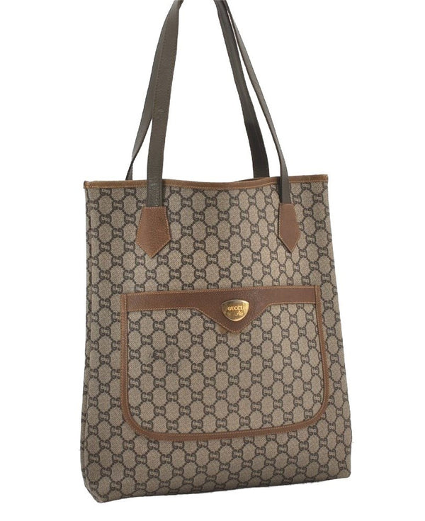 Authentic GUCCI Vintage GG Plus Shoulder Tote Bag GG PVC Leather Brown 1862J