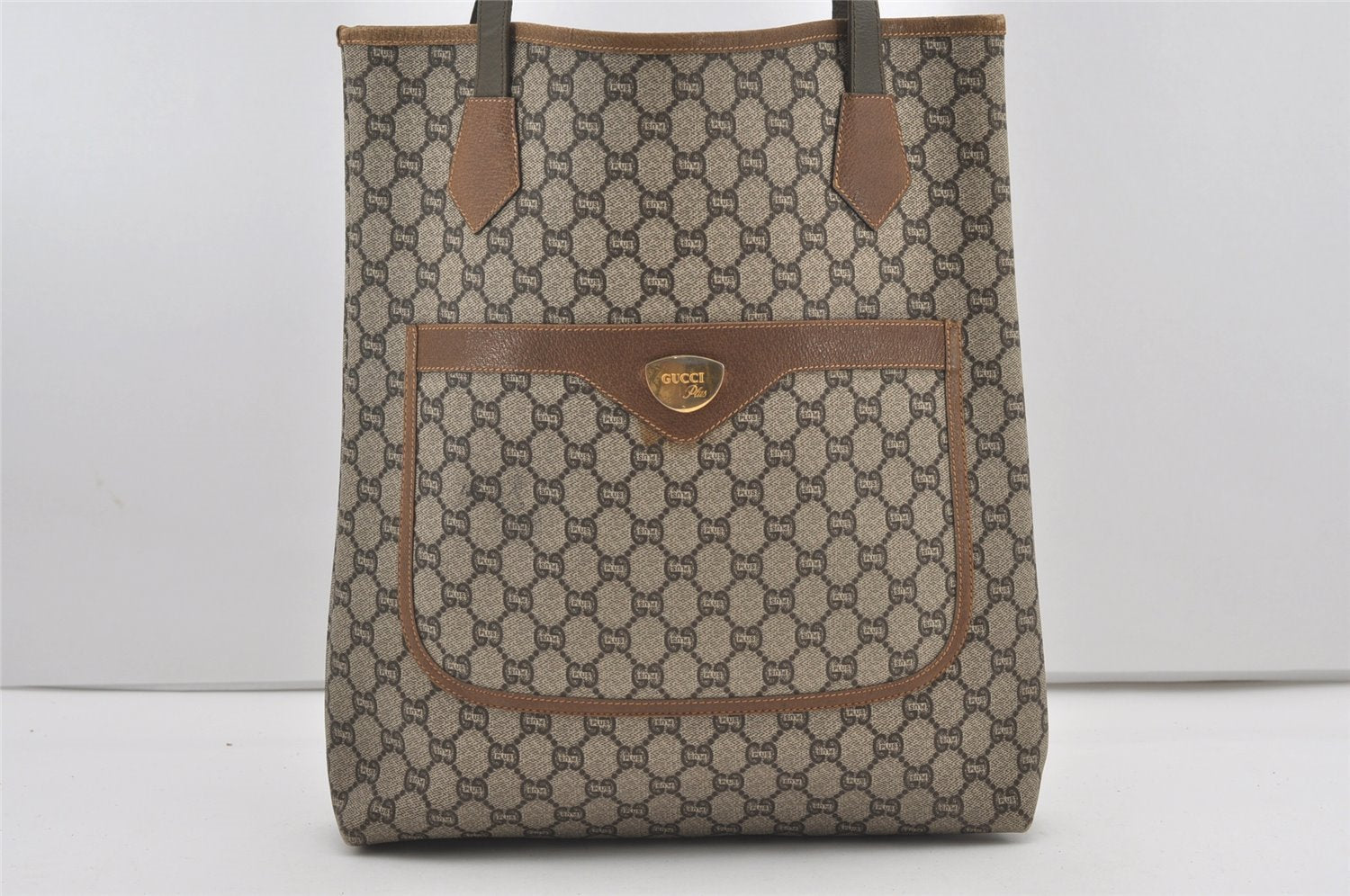 Authentic GUCCI Vintage GG Plus Shoulder Tote Bag GG PVC Leather Brown 1862J