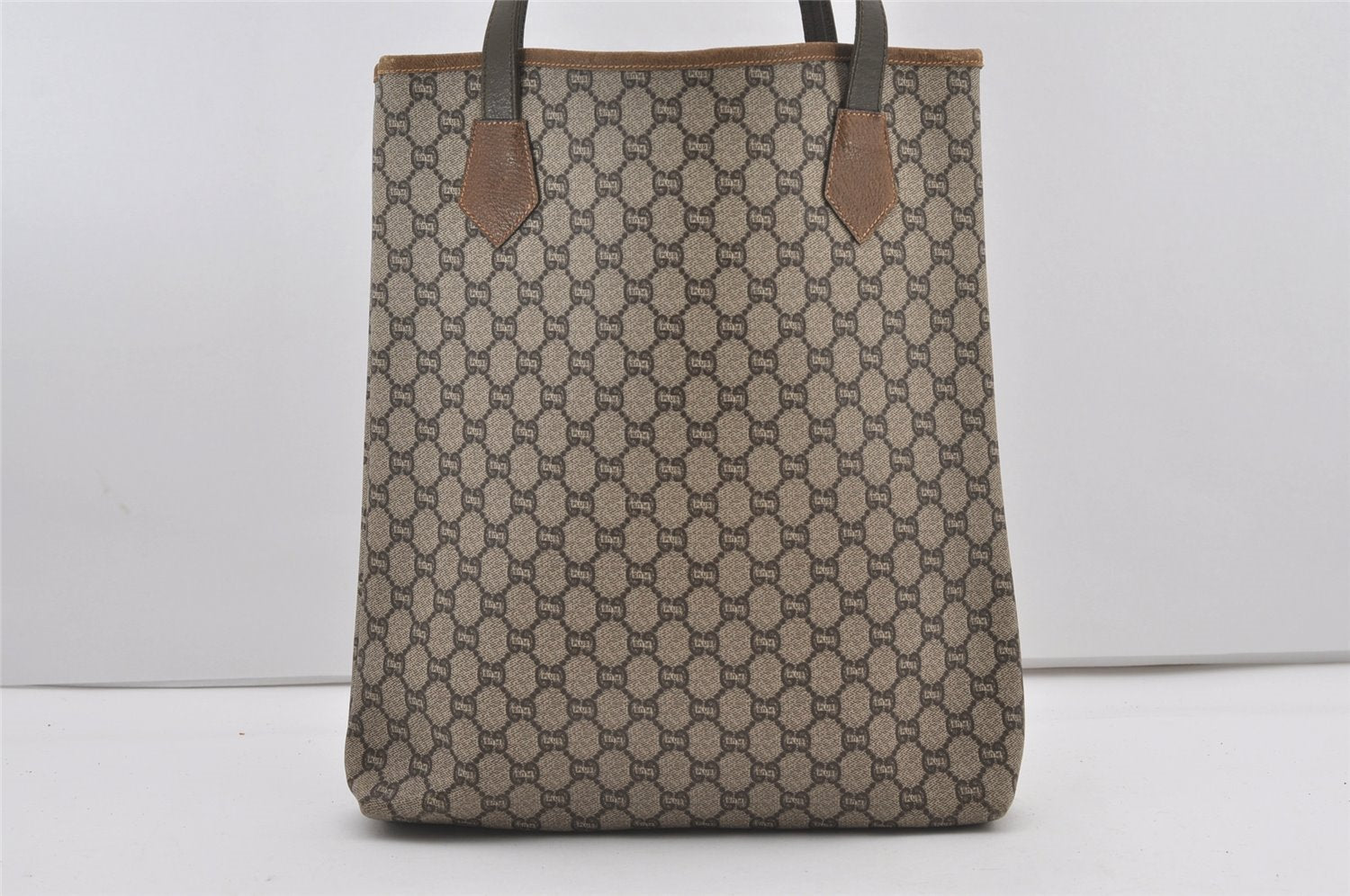 Authentic GUCCI Vintage GG Plus Shoulder Tote Bag GG PVC Leather Brown 1862J