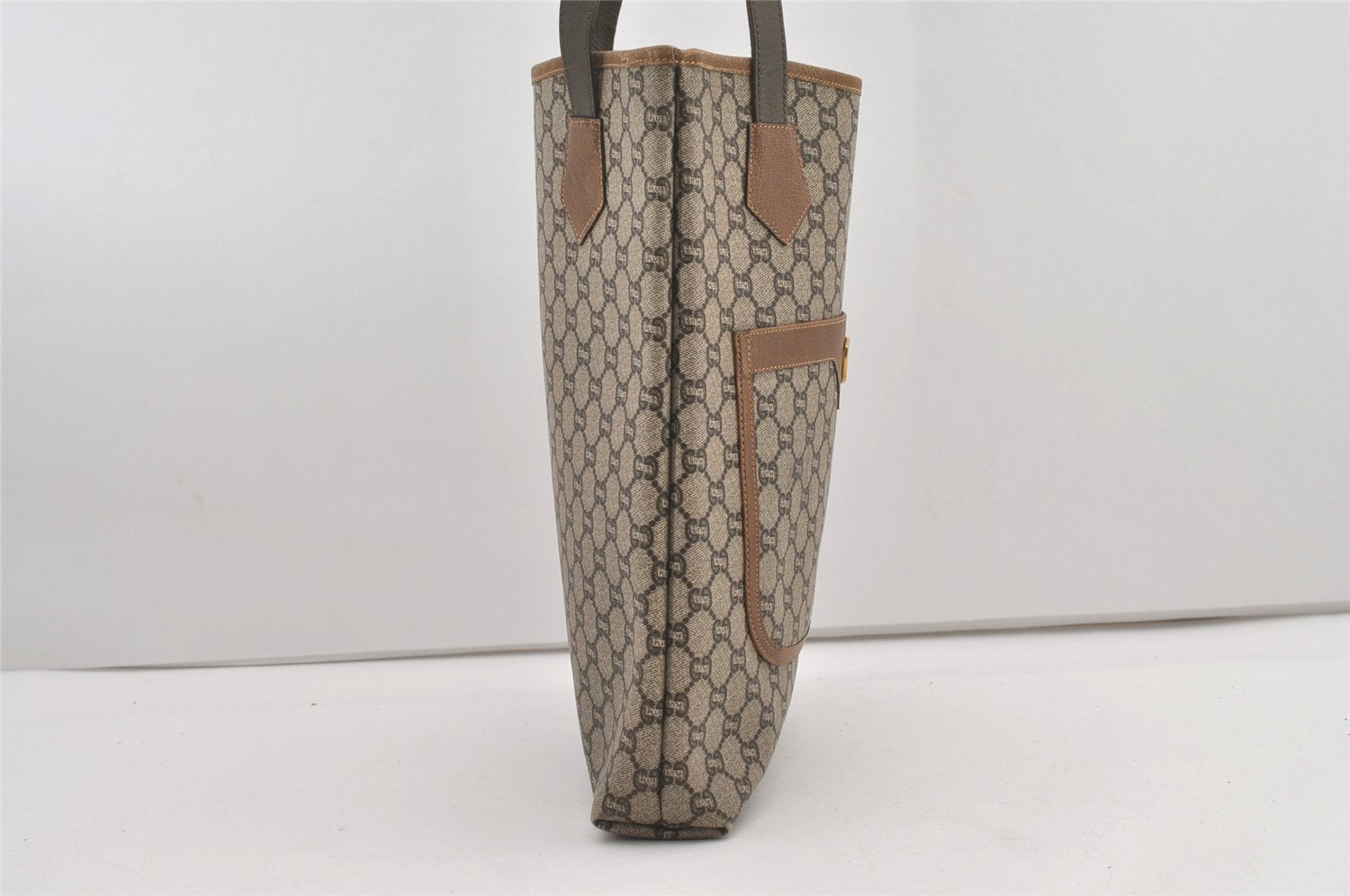 Authentic GUCCI Vintage GG Plus Shoulder Tote Bag GG PVC Leather Brown 1862J