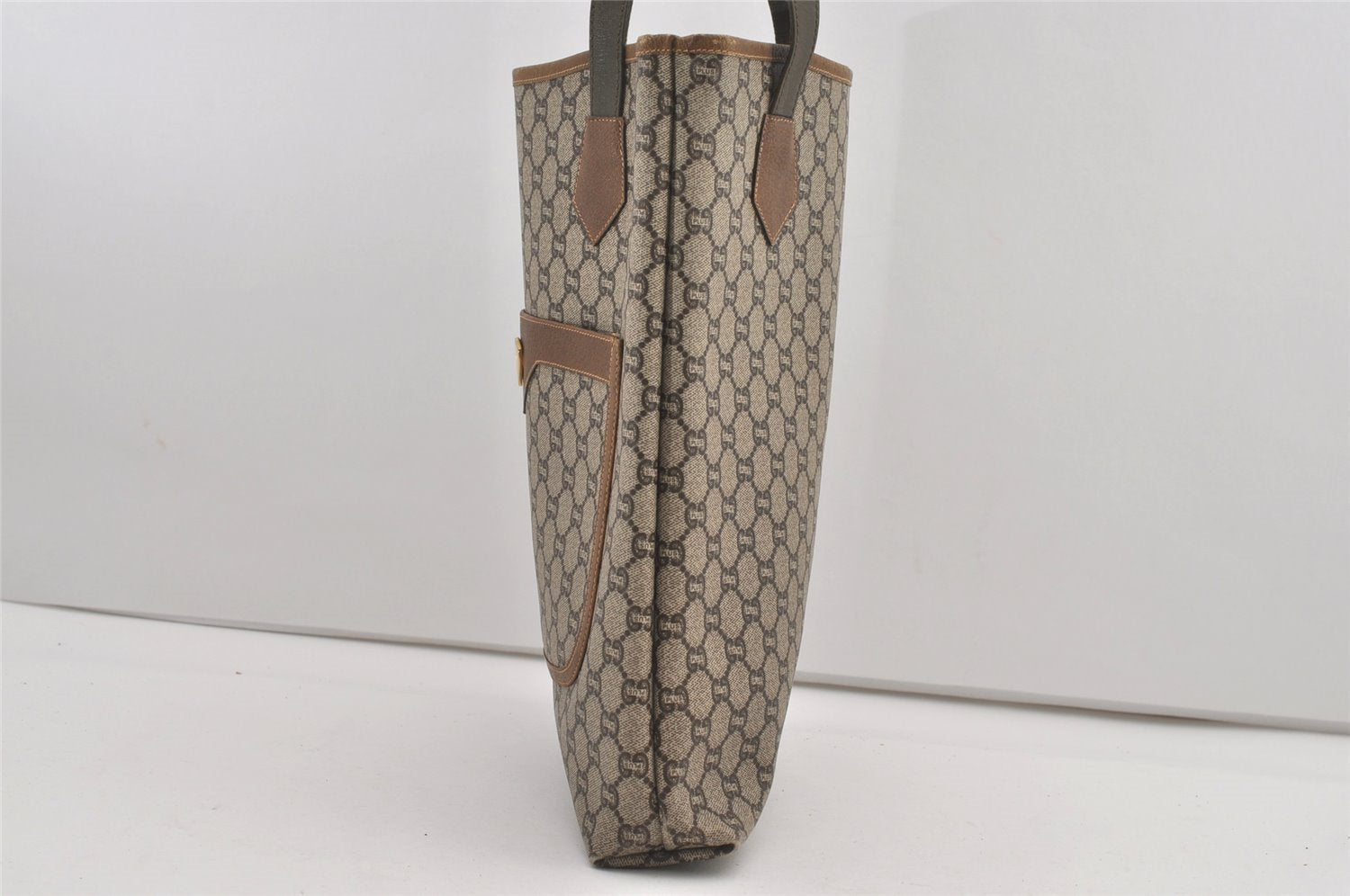 Authentic GUCCI Vintage GG Plus Shoulder Tote Bag GG PVC Leather Brown 1862J