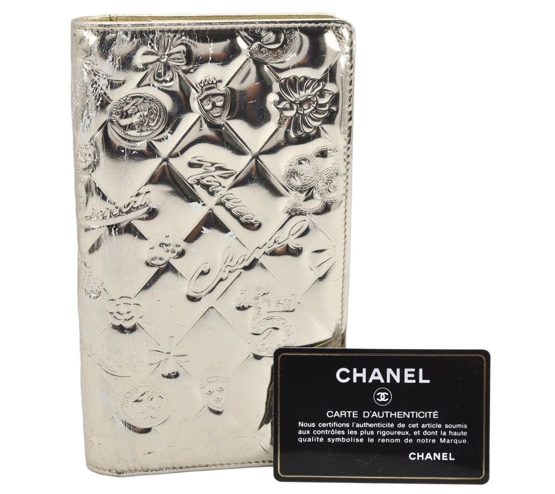 Authentic CHANEL Icon Line Symbol Charm Enamel Long Wallet Purse Silver 1865K