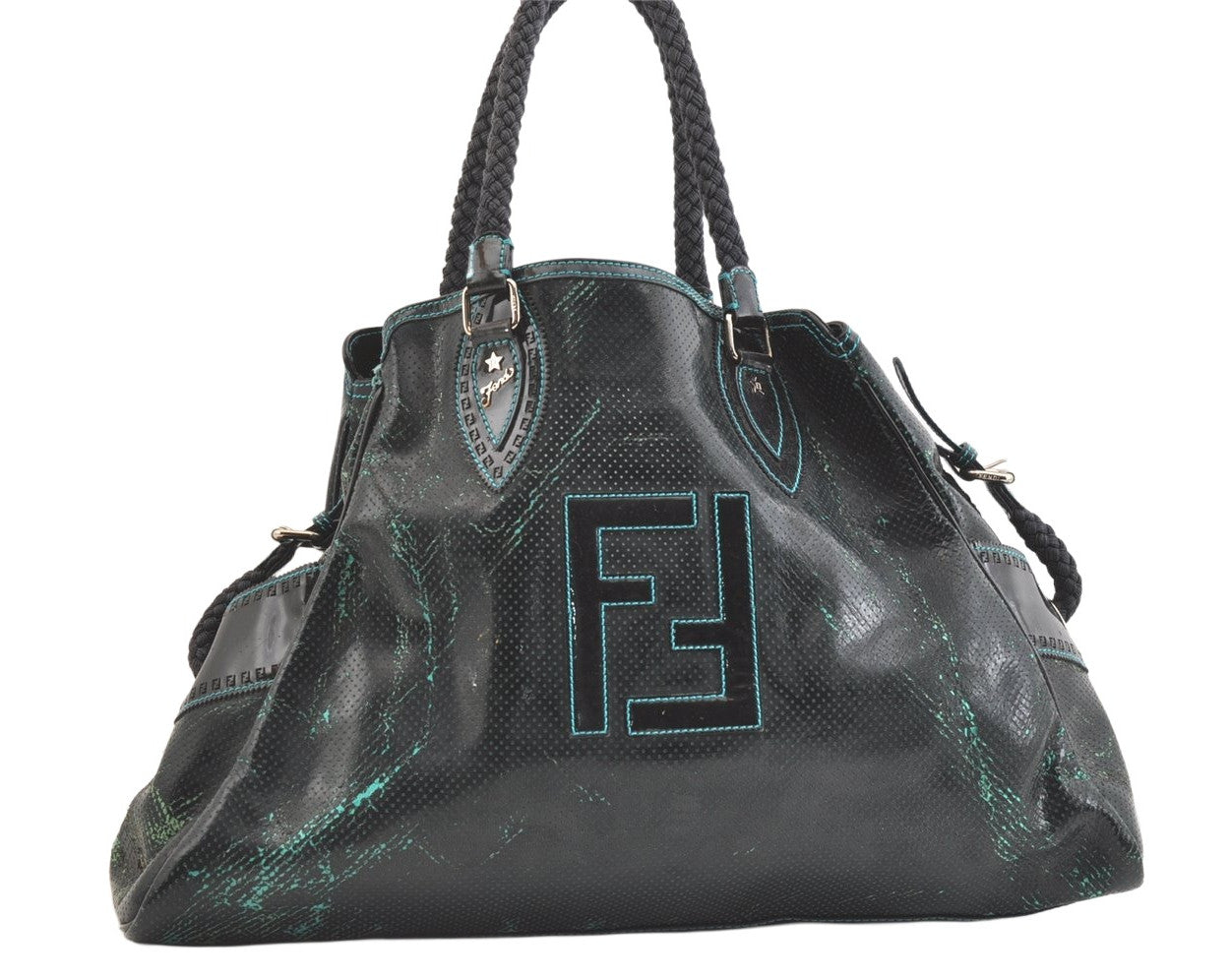 Authentic FENDI Etniko Vintage Hand Tote Bag Punching Enamel Black Junk 1866K