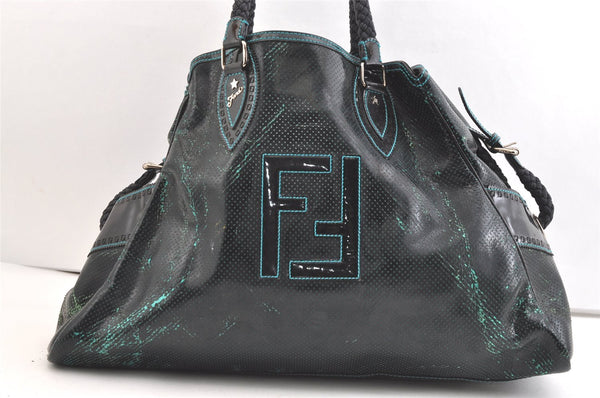 Authentic FENDI Etniko Vintage Hand Tote Bag Punching Enamel Black Junk 1866K