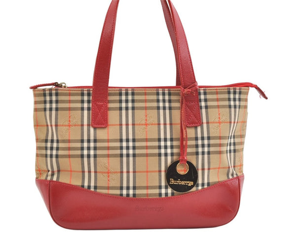 Authentic Burberrys Nova Check Canvas Leather Tote Hand Bag Beige Red 1874K