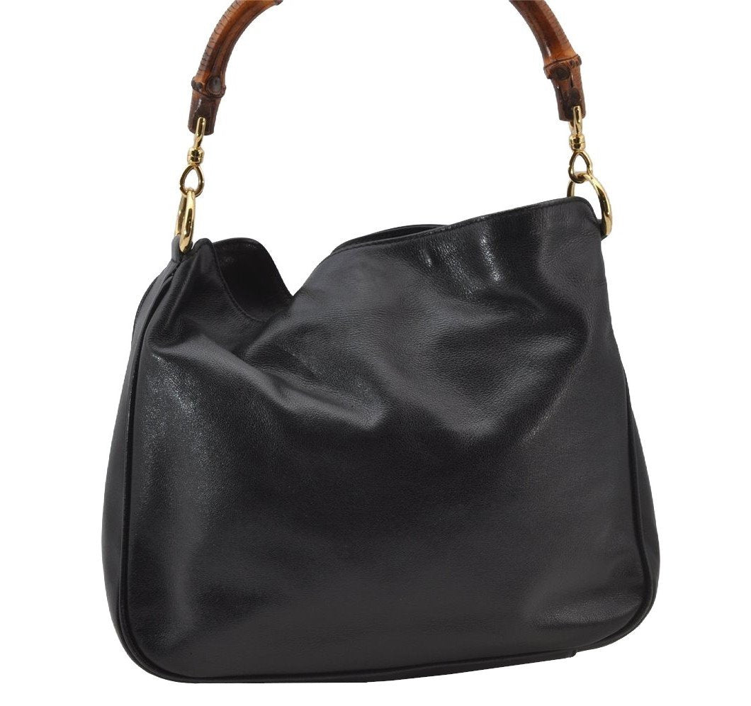 Authentic GUCCI Vintage Bamboo Shoulder Hand Bag Purse Leather Black Junk 1875J