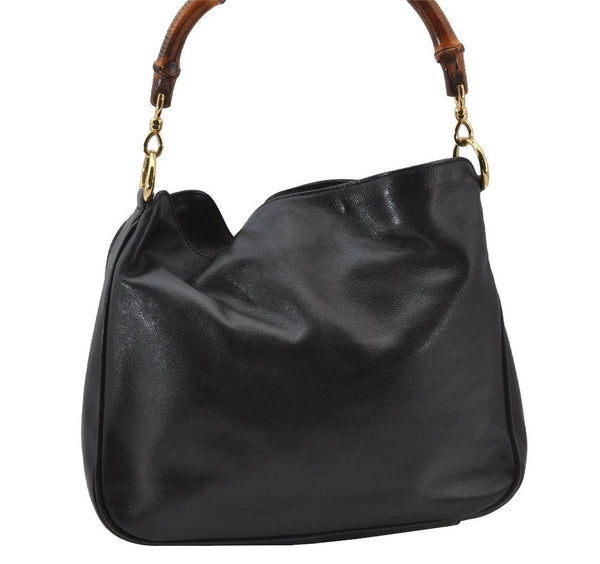 Authentic GUCCI Vintage Bamboo Shoulder Hand Bag Purse Leather Black Junk 1875J