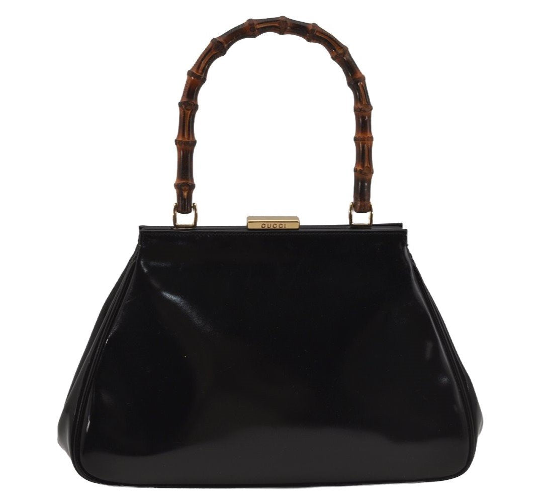 Authentic GUCCI Vintage Bamboo Shoulder Hand Bag Purse Leather Black 1876J