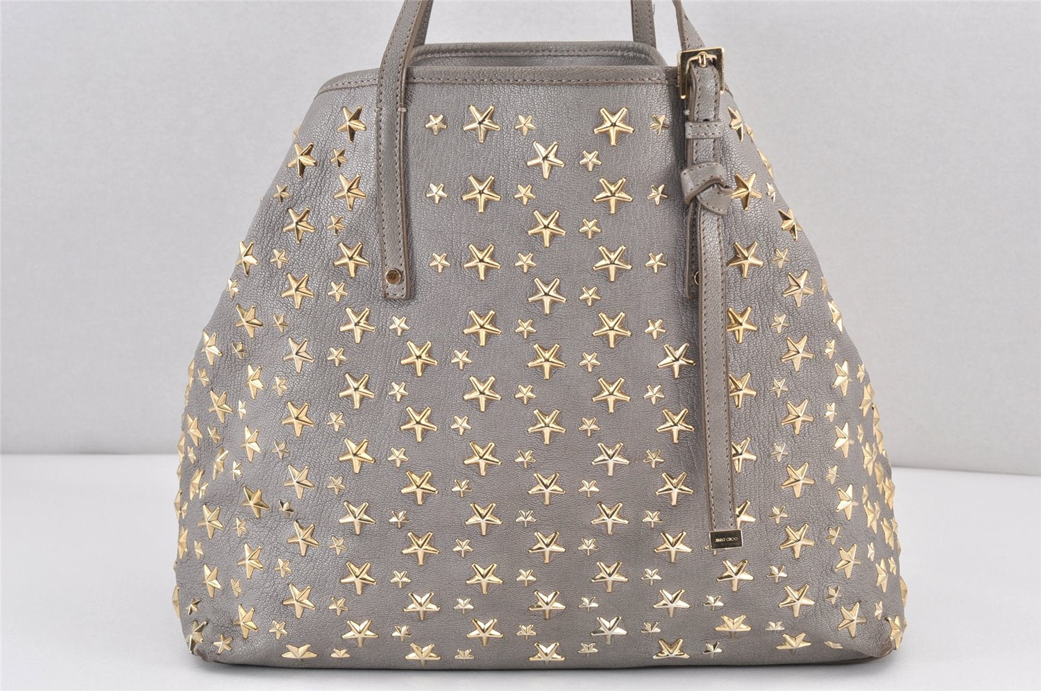 Authentic JIMMY CHOO Vintage Star Studs Leather Shoulder Tote Bag Gray 1877K