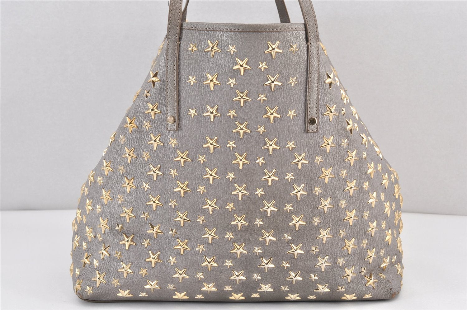 Authentic JIMMY CHOO Vintage Star Studs Leather Shoulder Tote Bag Gray 1877K