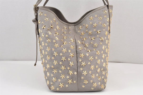 Authentic JIMMY CHOO Vintage Star Studs Leather Shoulder Tote Bag Gray 1877K