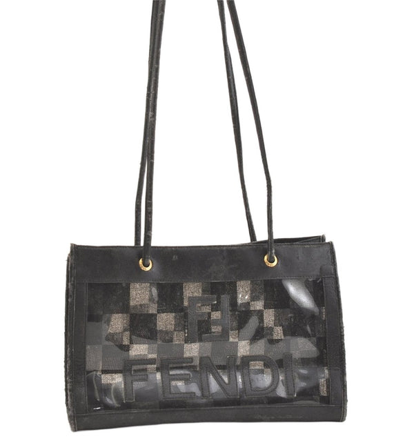 Authentic FENDI Pequin Check Shoulder Toe Bag Vinyl Leather Black Junk 1878K