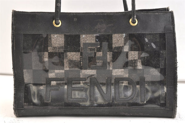 Authentic FENDI Pequin Check Shoulder Toe Bag Vinyl Leather Black Junk 1878K