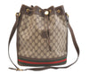 Authentic GUCCI Web Sherry Line Drawstring Bag GG PVC Leather Brown Junk 1880K