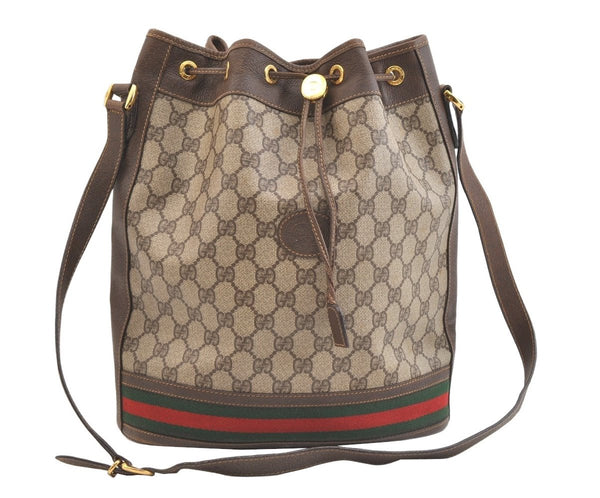 Authentic GUCCI Web Sherry Line Drawstring Bag GG PVC Leather Brown Junk 1880K