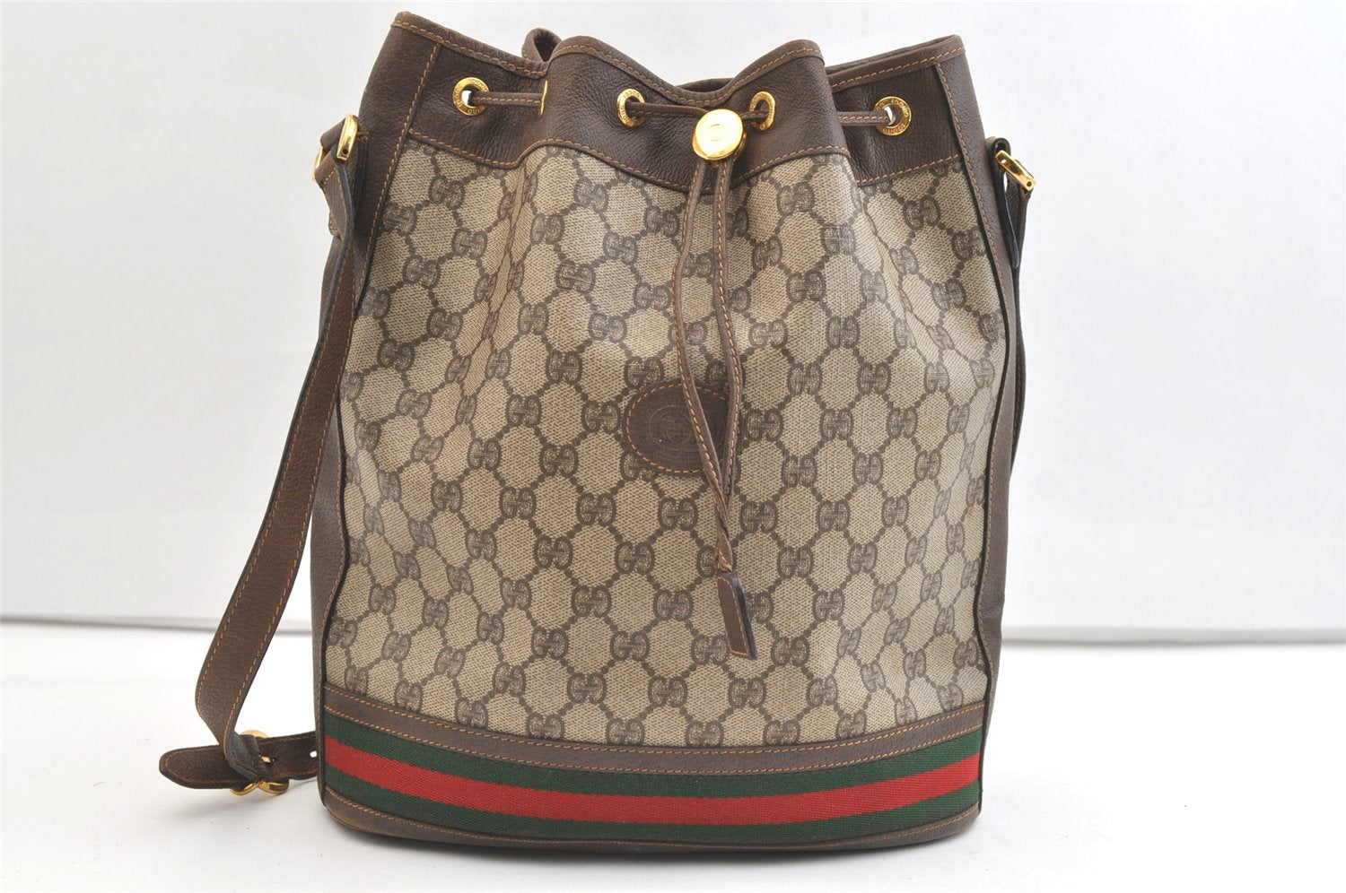 Authentic GUCCI Web Sherry Line Drawstring Bag GG PVC Leather Brown Junk 1880K