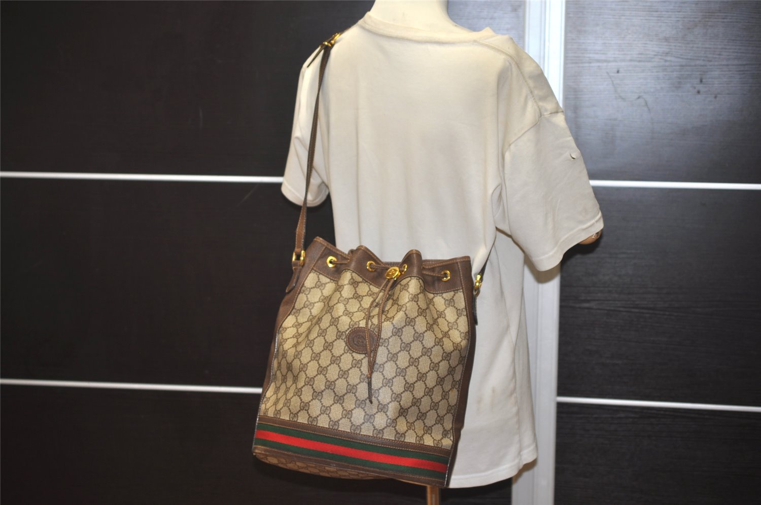 Authentic GUCCI Web Sherry Line Drawstring Bag GG PVC Leather Brown Junk 1880K